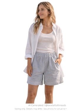 Coastal Striped Shorts button fly Relaxed High Rise Blue White M L 32